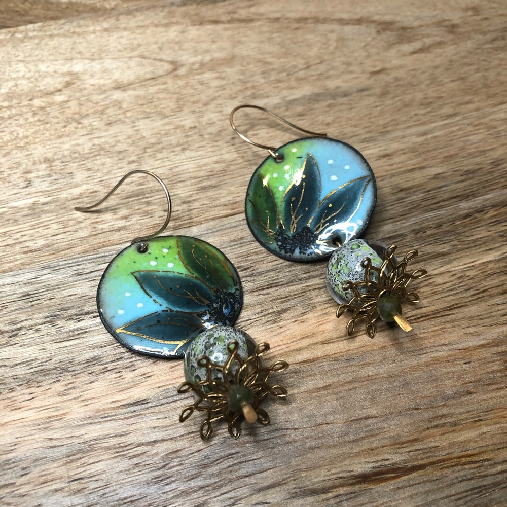 Handcrafted Enamel on Copper Floral Earrings with Lampwork Beads